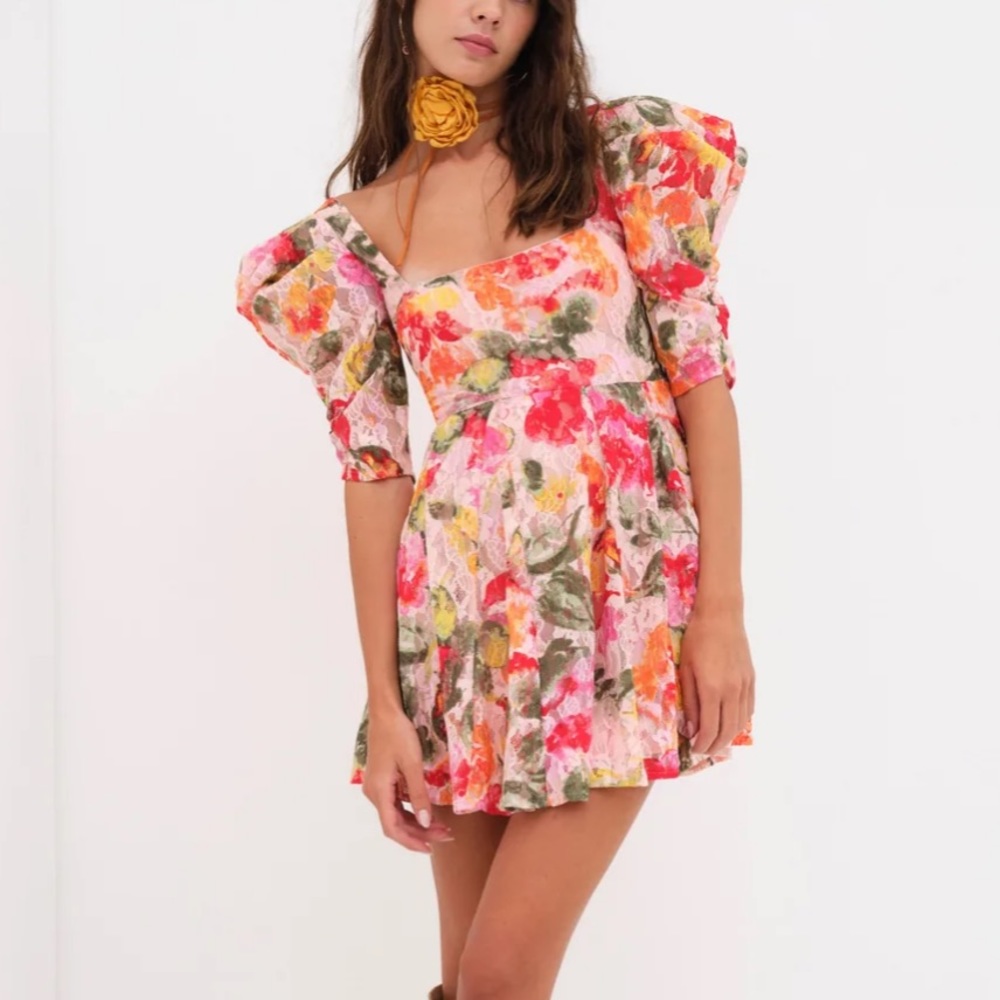 For Love & Lemons Floral Mini Dress in Pink, Red, Yellow, Green